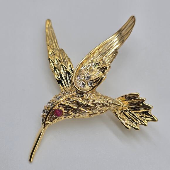 VTG Evan St Clair Genuine Ruby Eye & Rhinestones Hummingbird Brooch Pin Gold Box - Picture 3 of 4